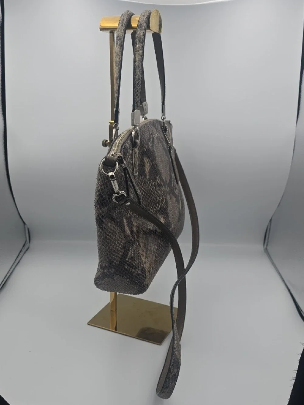 Coach Brown Snake-Print Satchel with Crossbody Strap